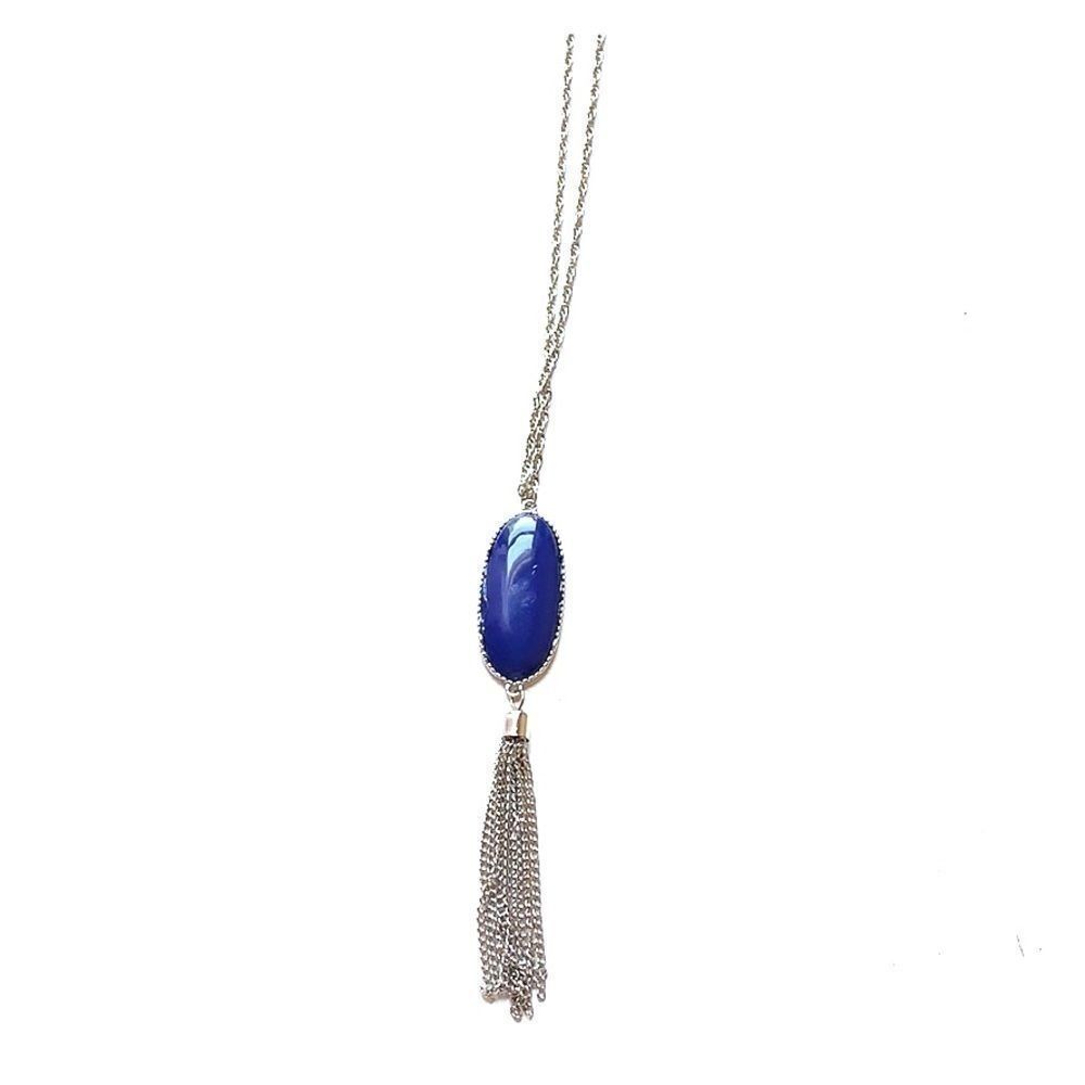 Boho Faux Lapis Long SilverChain Pendant Necklace